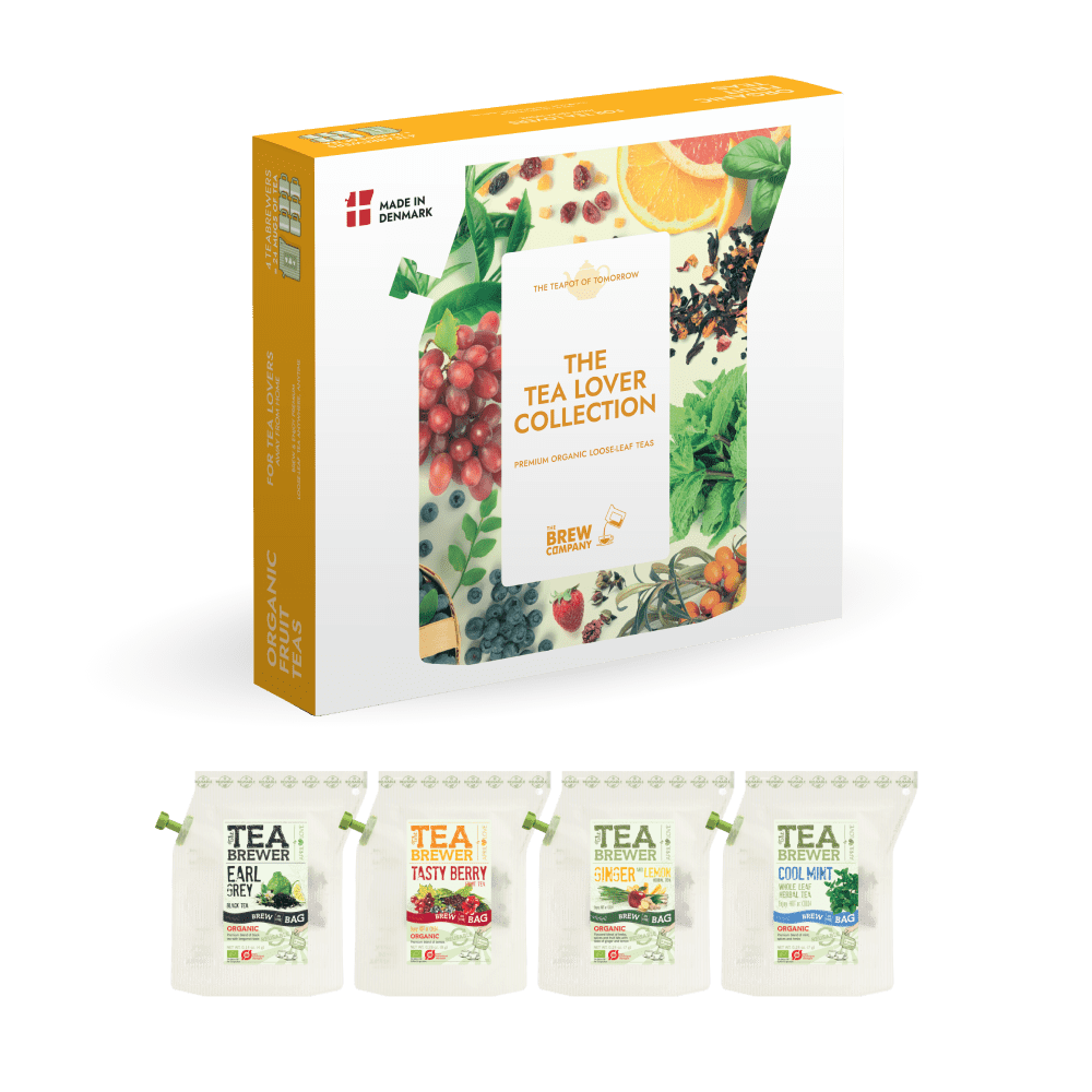 Tea packaging with 'The Tea Lover Collection' branding and images of fruits and leaves.